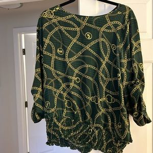 Green and black with gold chain blouse